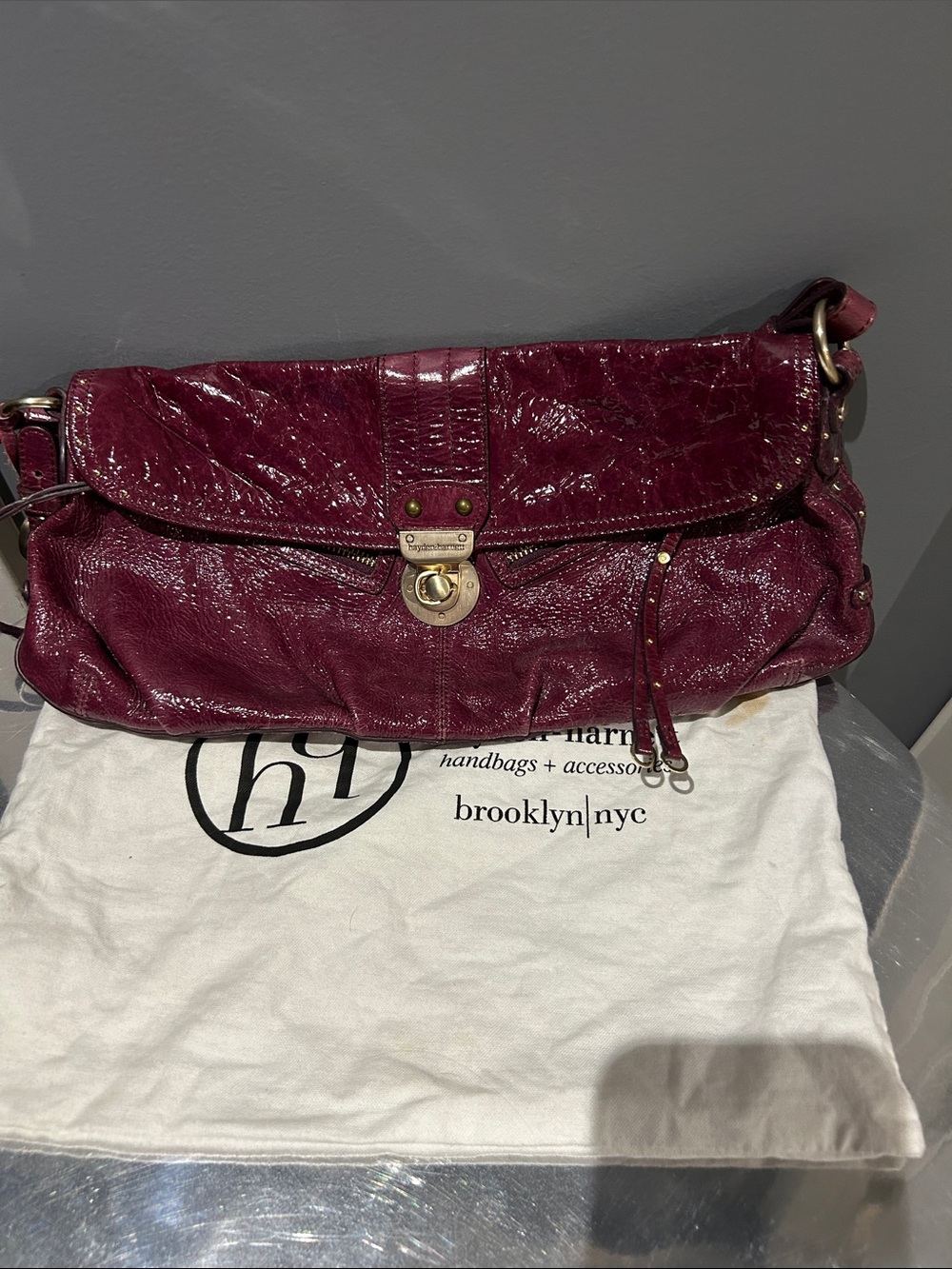 Hayden Harnett LORCA Shoulder Bag - patent raspberry/plum with Gold Hardware